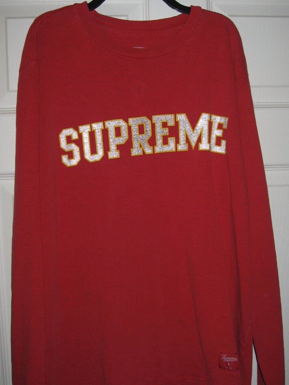 Supreme Red Long Sleeve T-Shirt Silver Arch Logo Size L